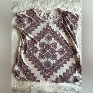 Lucky Brand Boho Print Short Sleeve Tee | Size L | Cream & Burgundy